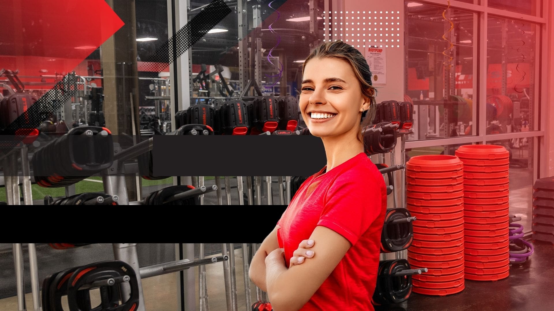 2025-Nov-Slider Rev-PAFitness-Free-Pass-Banner.jpg Smiling woman inside PA Fitness gym with weights and turf area in background promoting free pass offer for new members